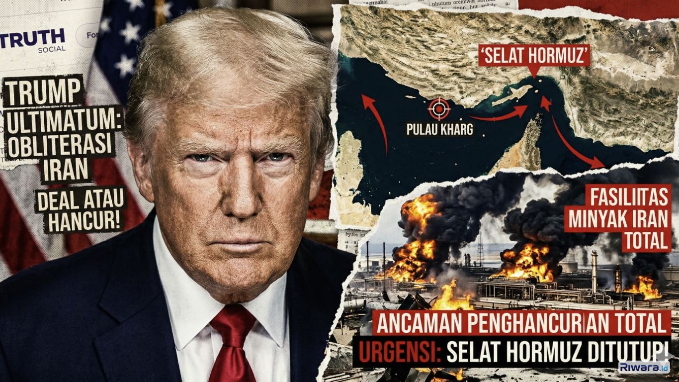 Ilustrasi ancaman Donald Trump akan menghancurkan instalasi minyak Iran, dibuat dengan bantuan AI